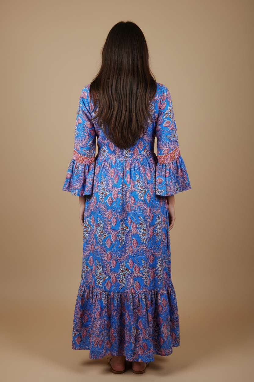 Boho Maxi Kleid Blau Pink Blockprint – Rückseite
