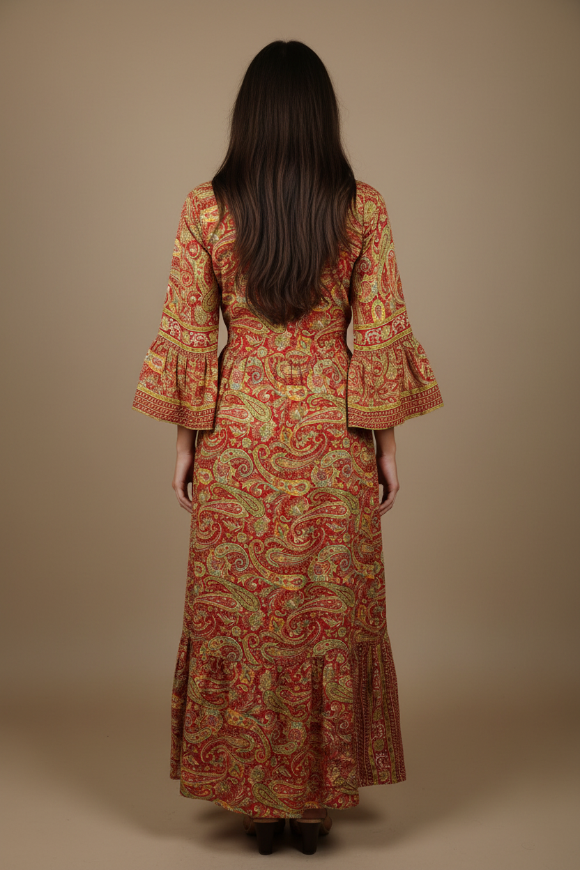 Boho Maxi Kleid Rot Gold Paisley – Rückseite