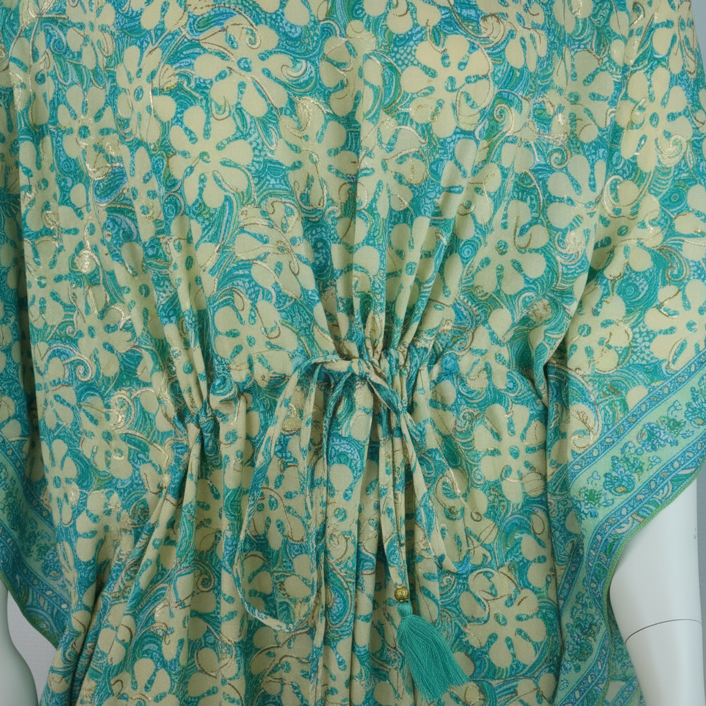 Boho Kaftan Türkis Mint Blumen-Print – Detailbild Stoff