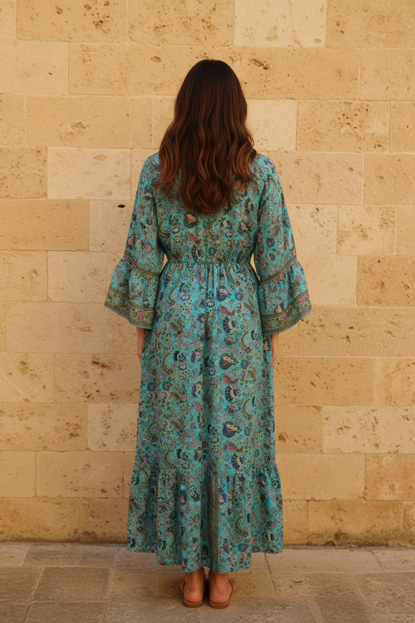 Boho Maxi Kleid Türkis Exotischer Print – Rückseite Steinwand