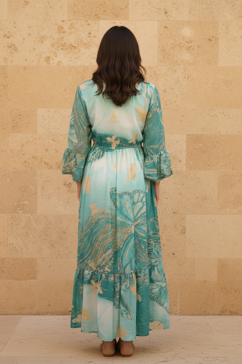 Boho Maxi Kleid Türkis – Rückseite Steinwand