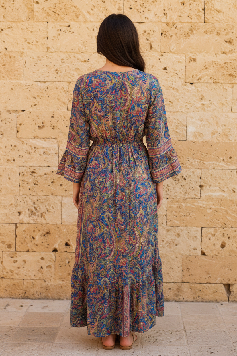 Boho Maxi Kleid Paisley – Rückseite Steinwand