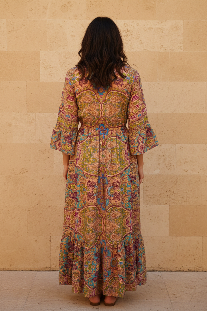 Boho Maxi Kleid Peach Türkis Patchwork – Rückseite Steinwand