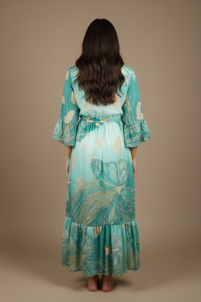Boho Maxi Kleid Türkis Aqua Schmetterling – Rückseite