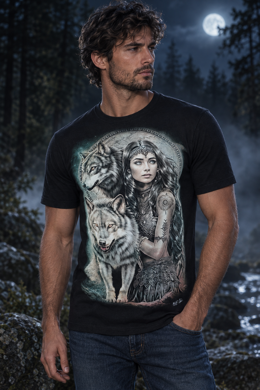 Model trägt das Moon Wolf Guardian T-Shirt in einer nächtlichen Naturkulisse