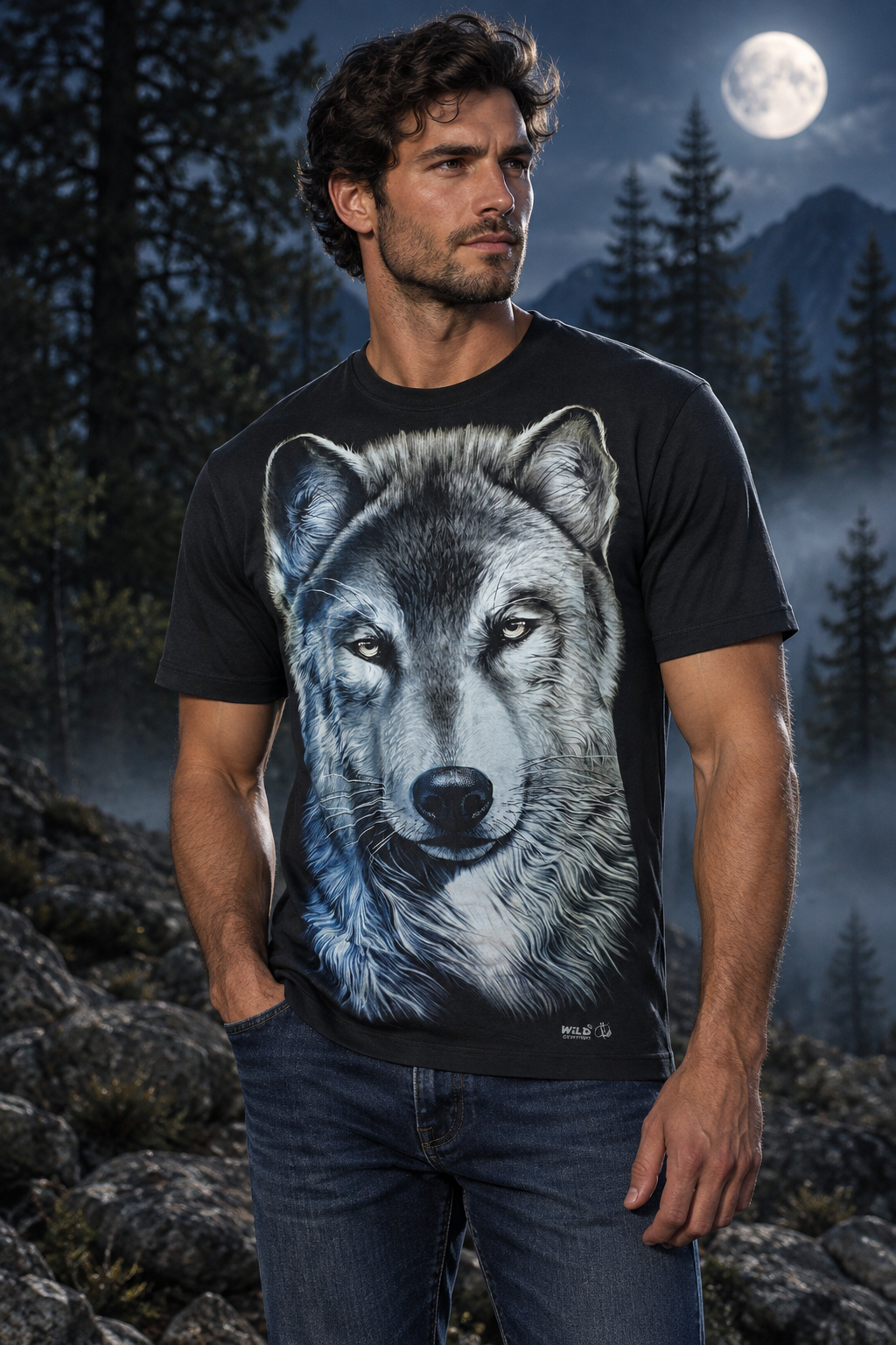 Model trägt das schwarze Alpha Wolf Pack T-Shirt in einer nächtlichen Naturkulisse