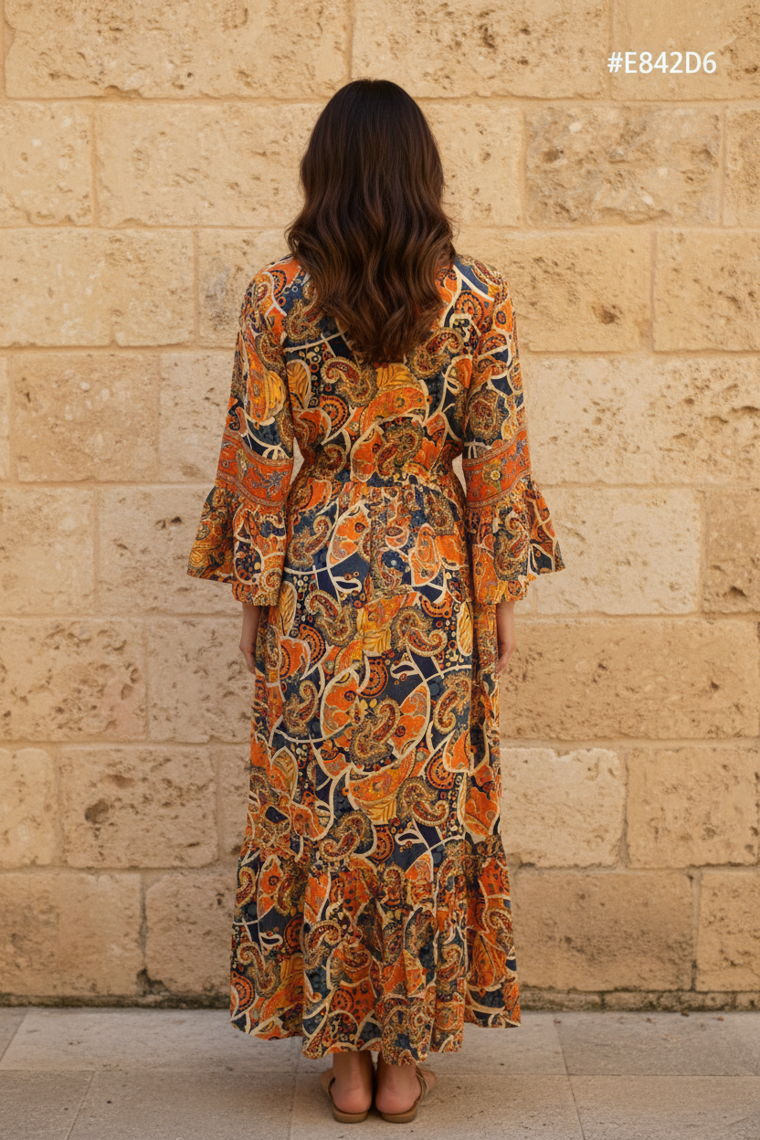 Boho Maxi Kleid Orange Marine Paisley – Rückseite Steinwand
