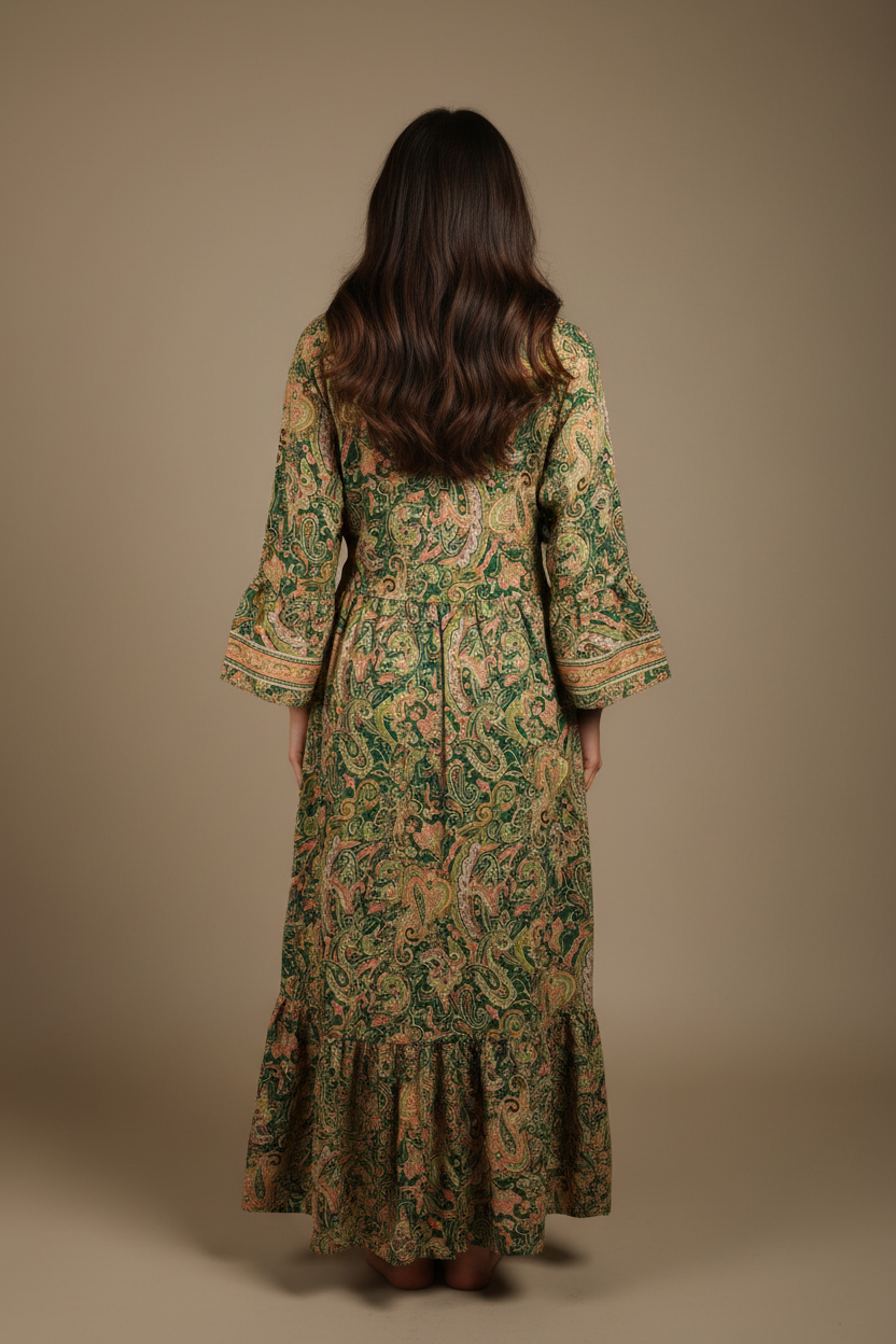 Boho Maxi Kleid Waldgrün Gold Baroque Paisley – Rückseite