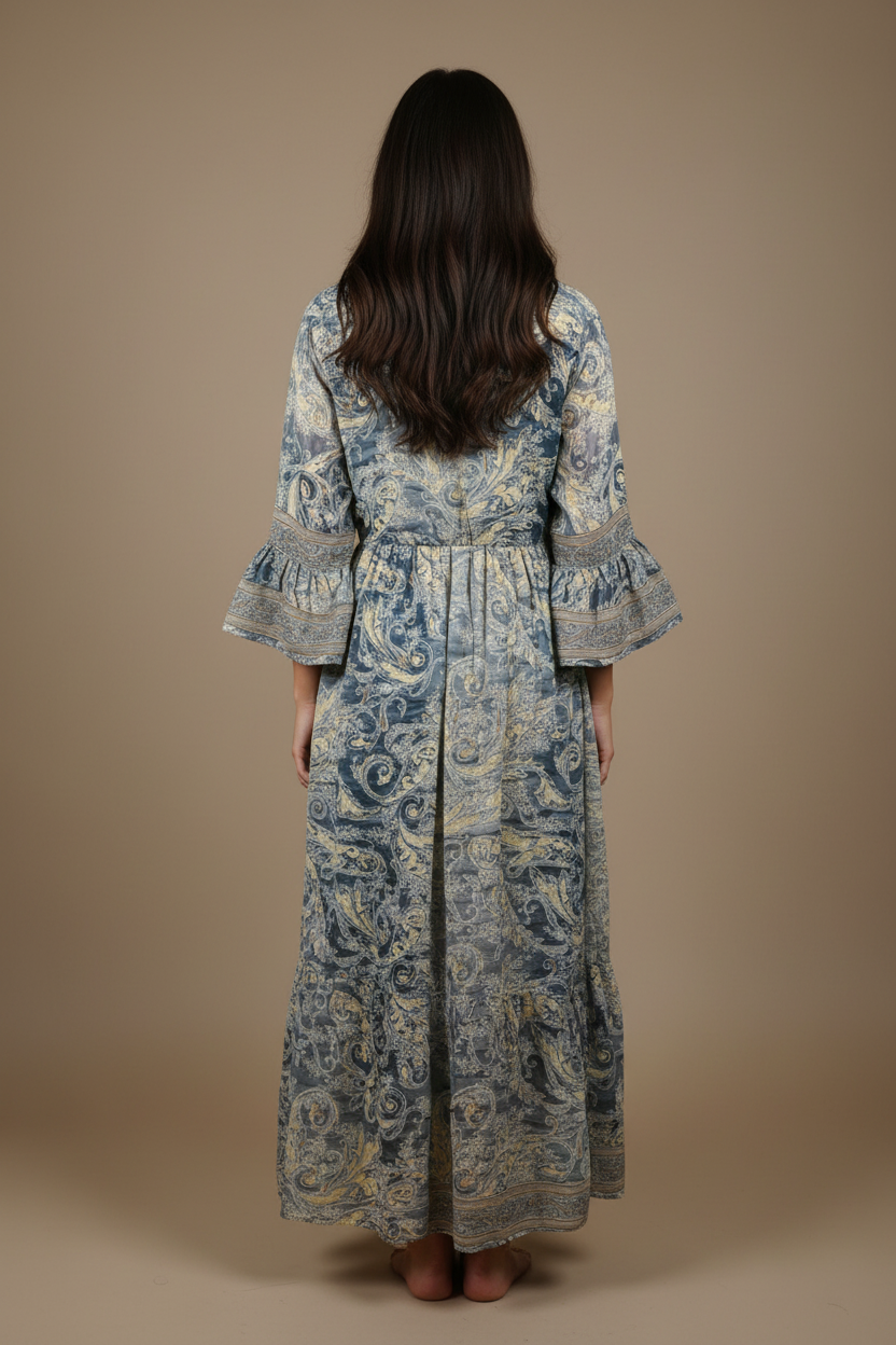 Boho Maxi Kleid Stahlblau Beige Baroque Paisley – Rückseite