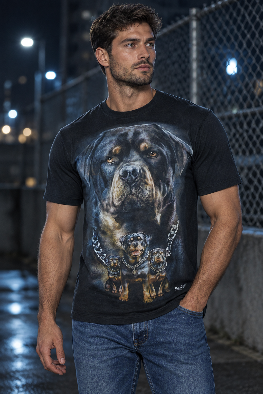 Model trägt das schwarze Rottweiler Pack T-Shirt in einer nächtlichen urbanen Szene