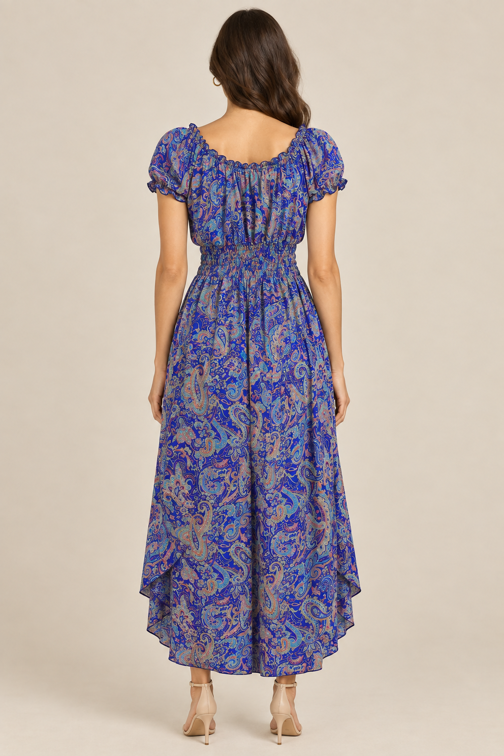 Boho Kleid Paisley-Mix – Rückansicht mit seitlich sichtbarer Rockstufe
