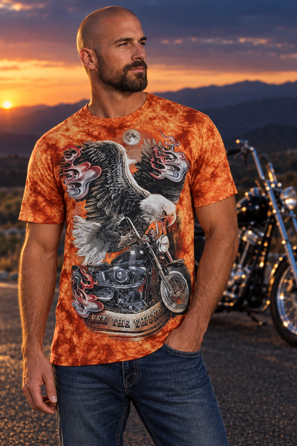 Model trägt das Freedom Eagle Biker Tie-Dye T-Shirt in einer abendlichen Biker-Kulisse