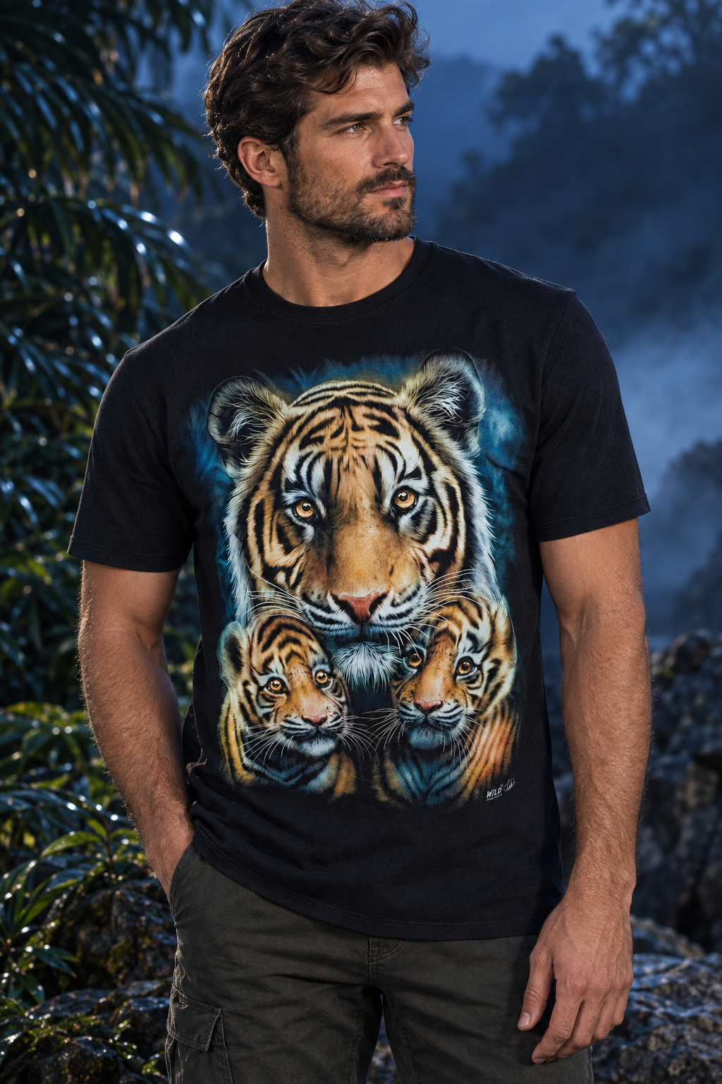 Model trägt das schwarze Tiger Family T-Shirt in einer stimmungsvollen Naturkulisse