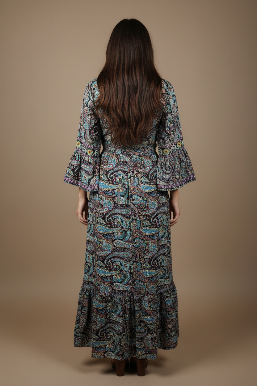 Boho Maxi Kleid Schwarz Paisley – Rückseite