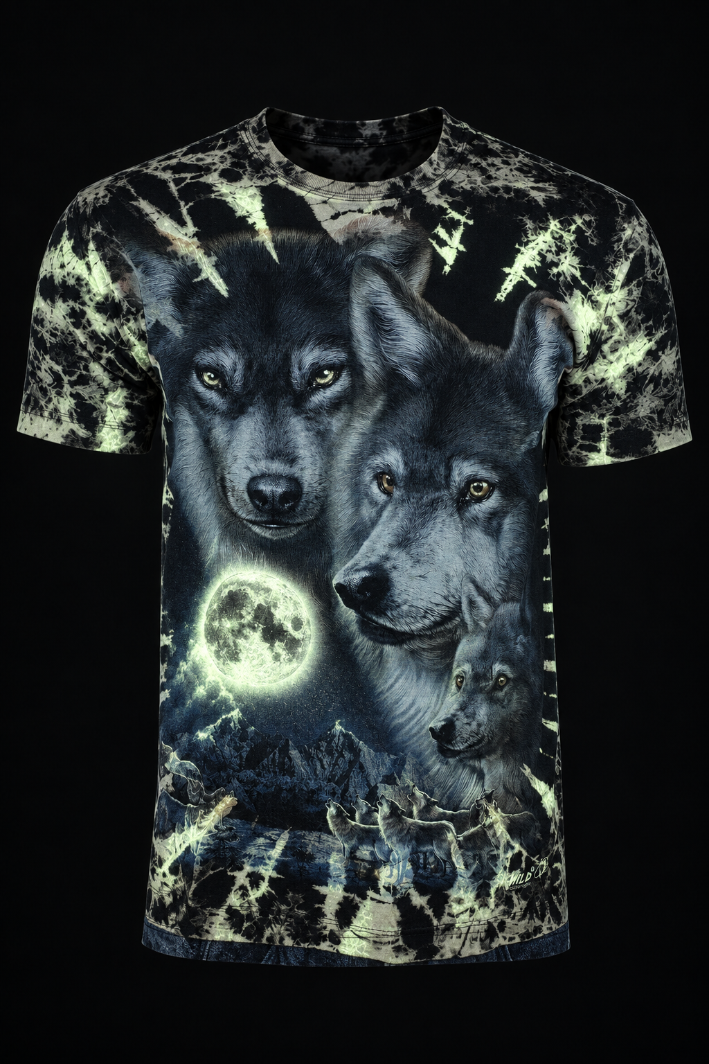 KI-Visualisierung des möglichen Glow-in-the-Dark-Effekts des Wolf Moon T-Shirts, tatsächliche Leuchtwirkung kann abweichen