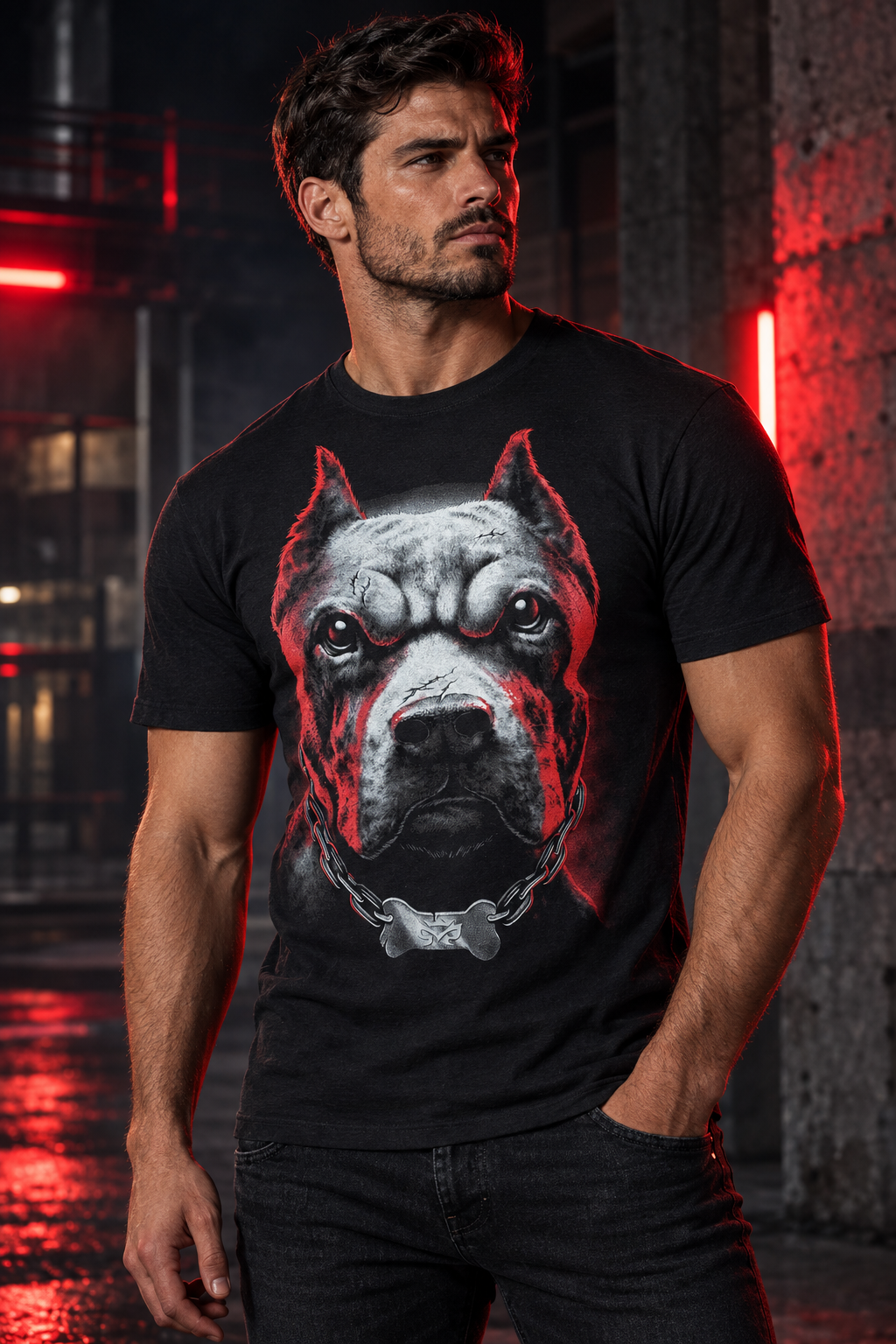 Model trägt das Red Guardian Pitbull T-Shirt in einer urbanen Nachtkulisse