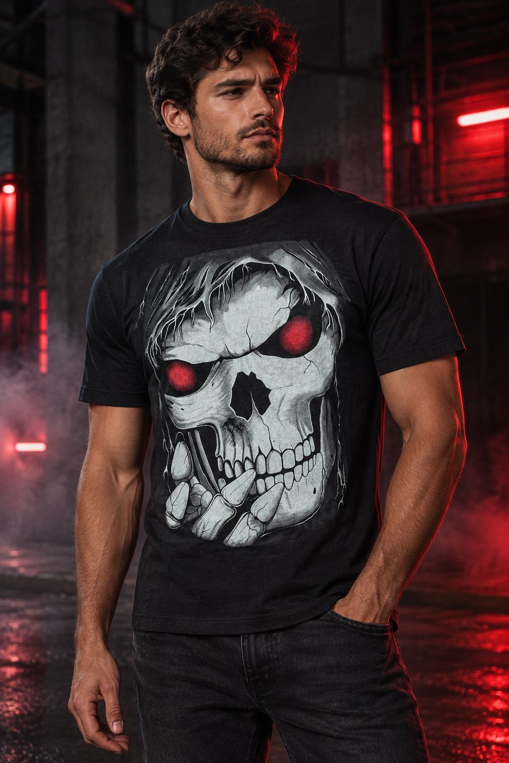 Model trägt das Red Eyes Skull T-Shirt in einer nächtlichen Dark-Streetwear-Szene