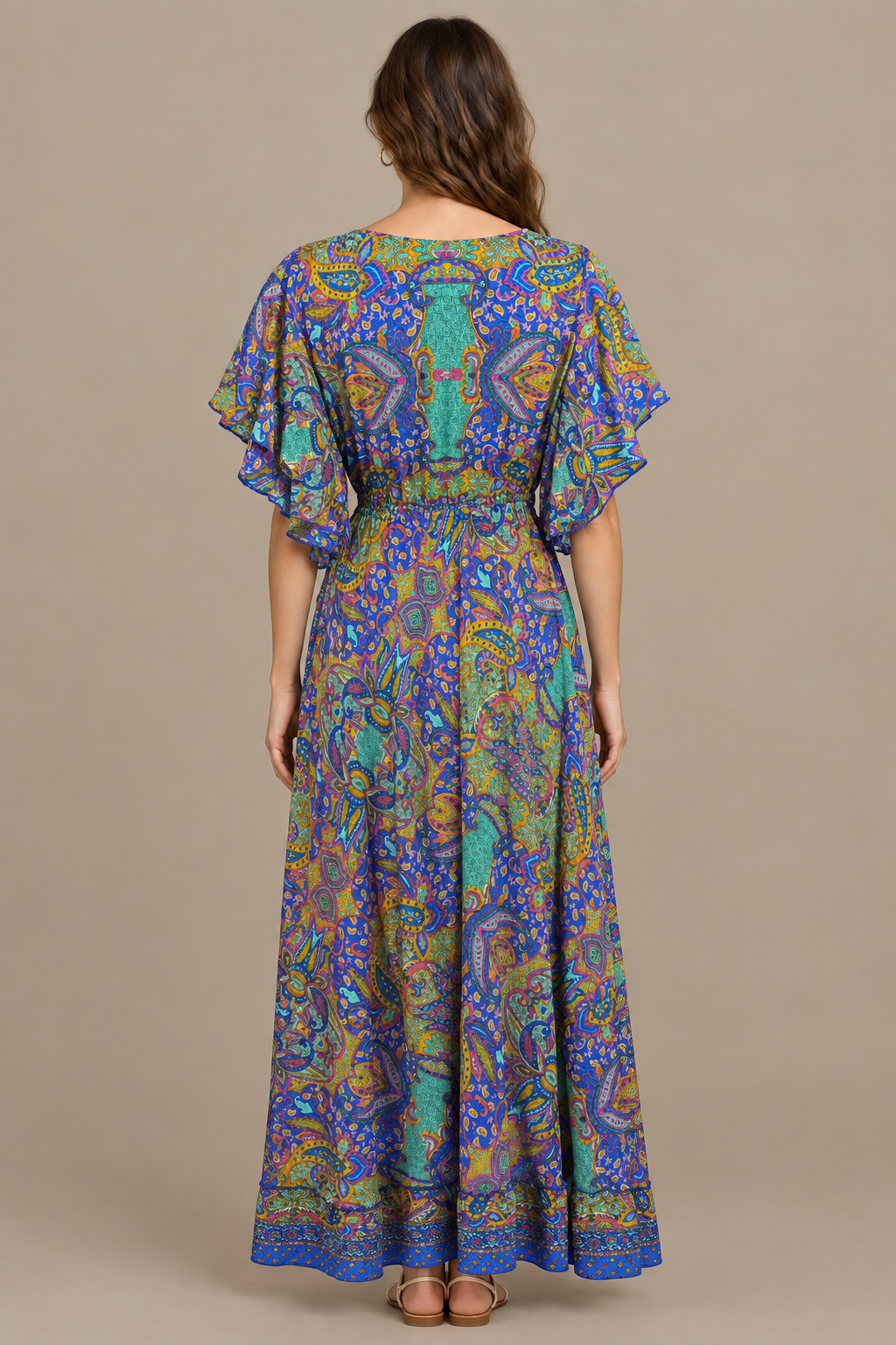 Boho Maxikleid Kobaltblau Türkis – korrigierte Rückansicht