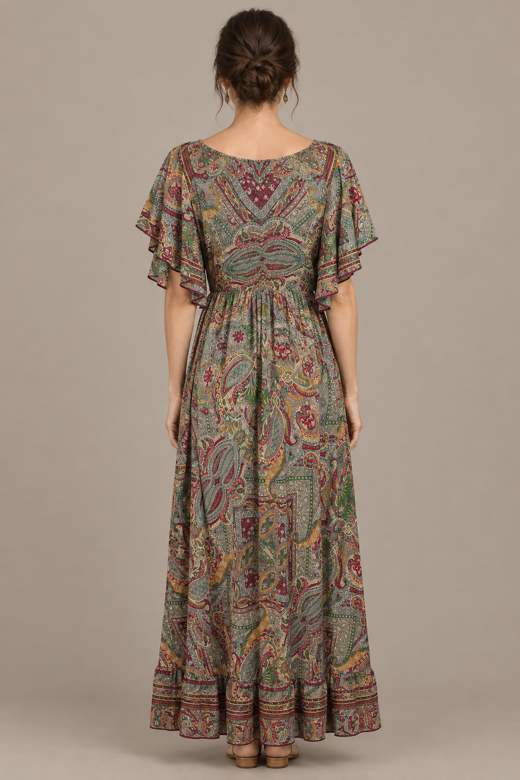 Boho Maxikleid Taupe Olivgrün Bordeaux – Rückansicht