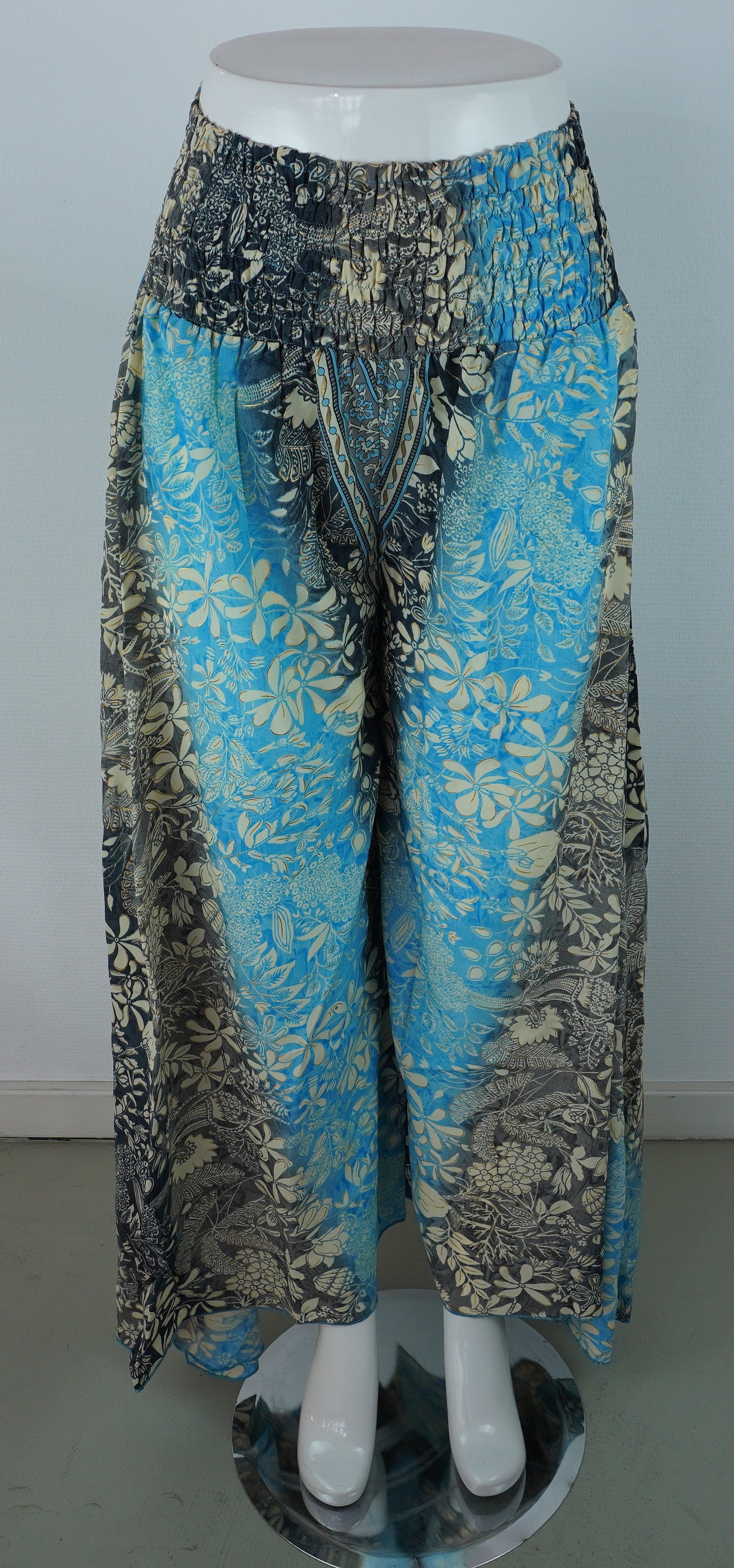 Palazzo Hose Seide & Viskose – Boho-Print Blau/Beige/Schwarz