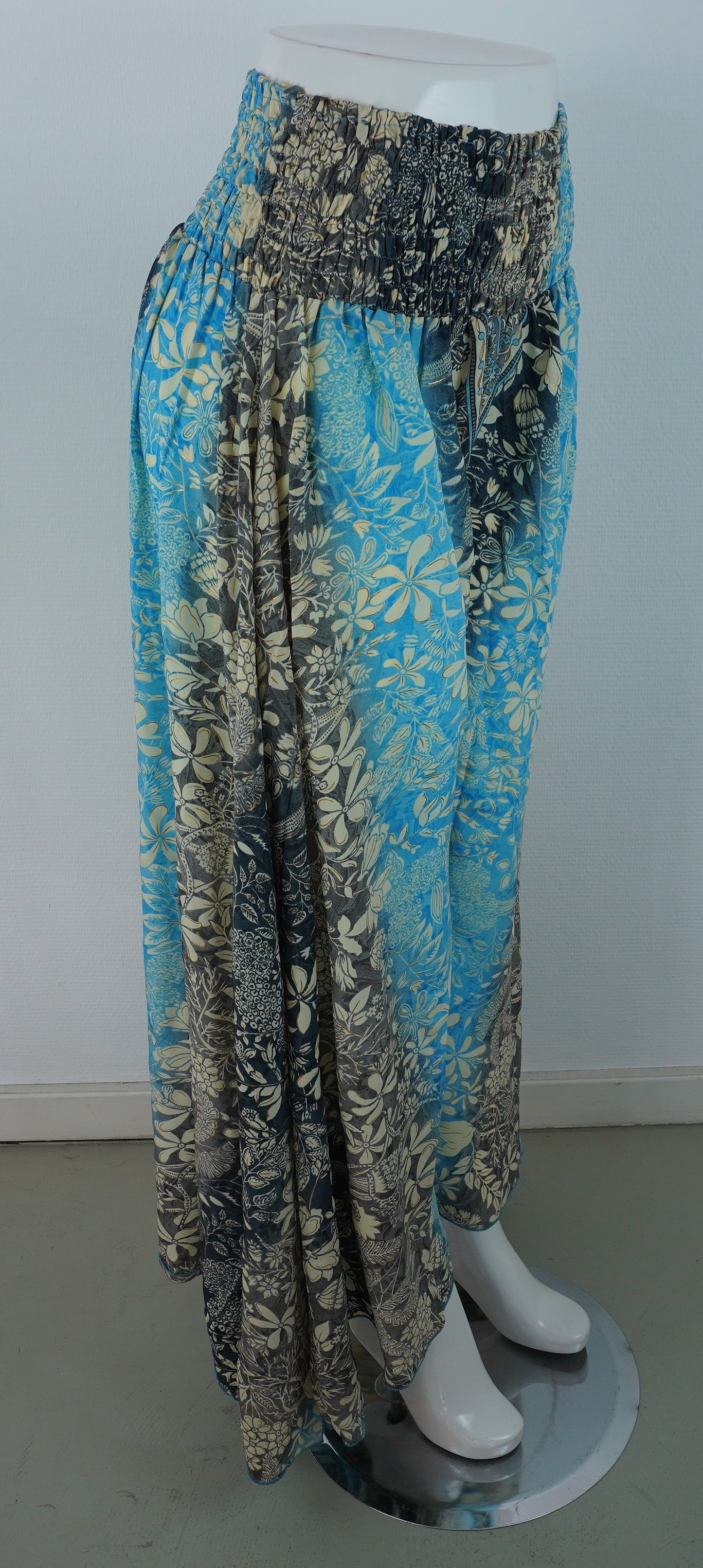 Palazzo Hose Seide & Viskose – Boho-Print Blau/Beige/Schwarz
