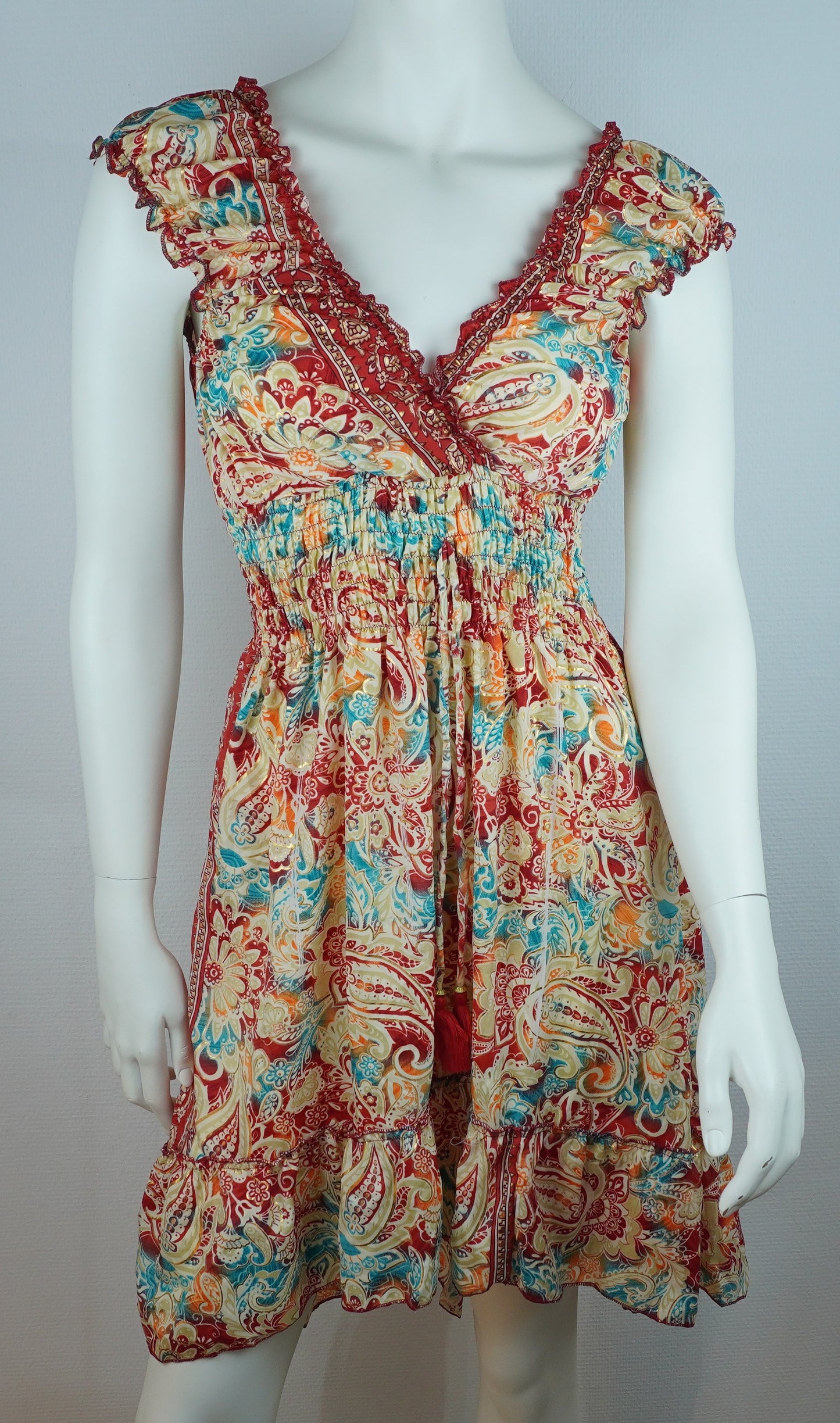 Sommerkleid – Boho Kleid Creme/Bunt mit Paisley-Print Multicolor