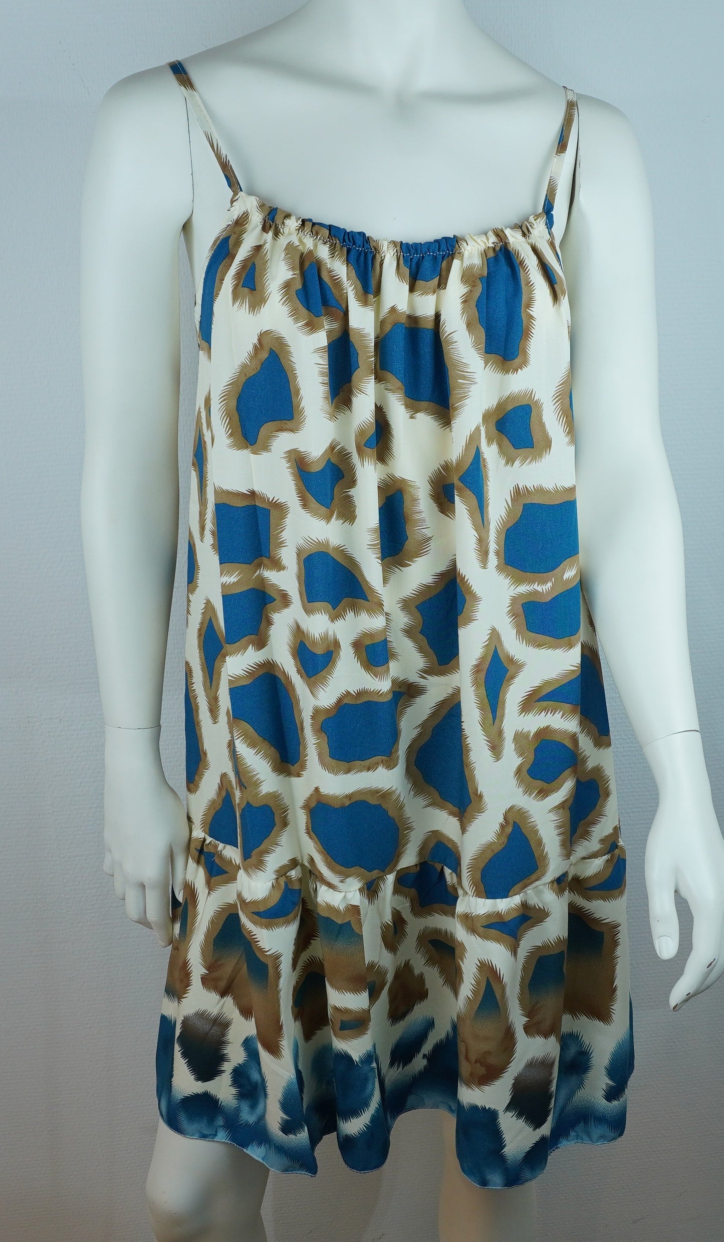 Sommerkleid – Animal Print – Spaghettiträger – Creme/Türkis