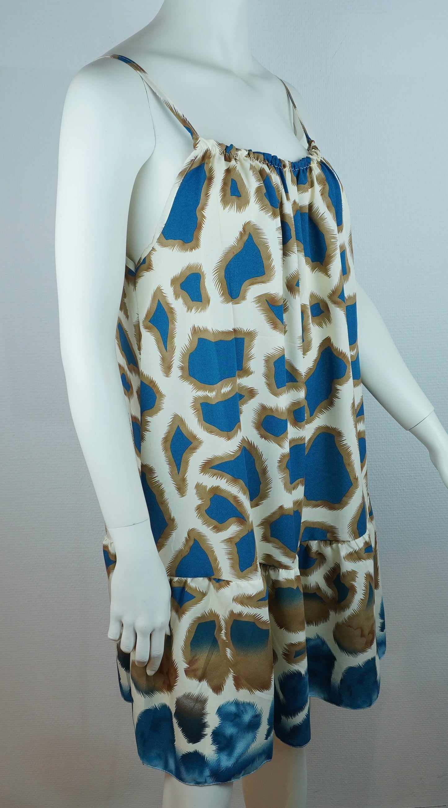 Sommerkleid – Animal Print – Spaghettiträger – Creme/Türkis