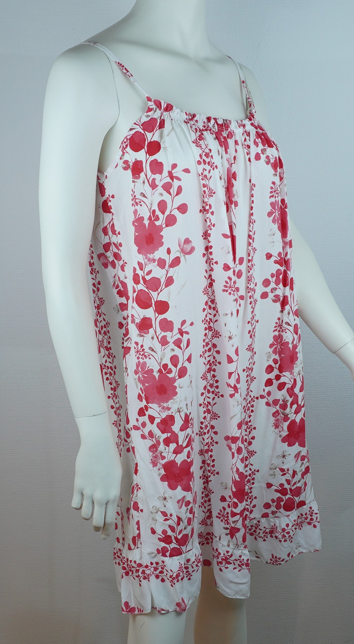 Sommerkleid – Blumenprint – Spaghettiträger – Weiß/Rosa