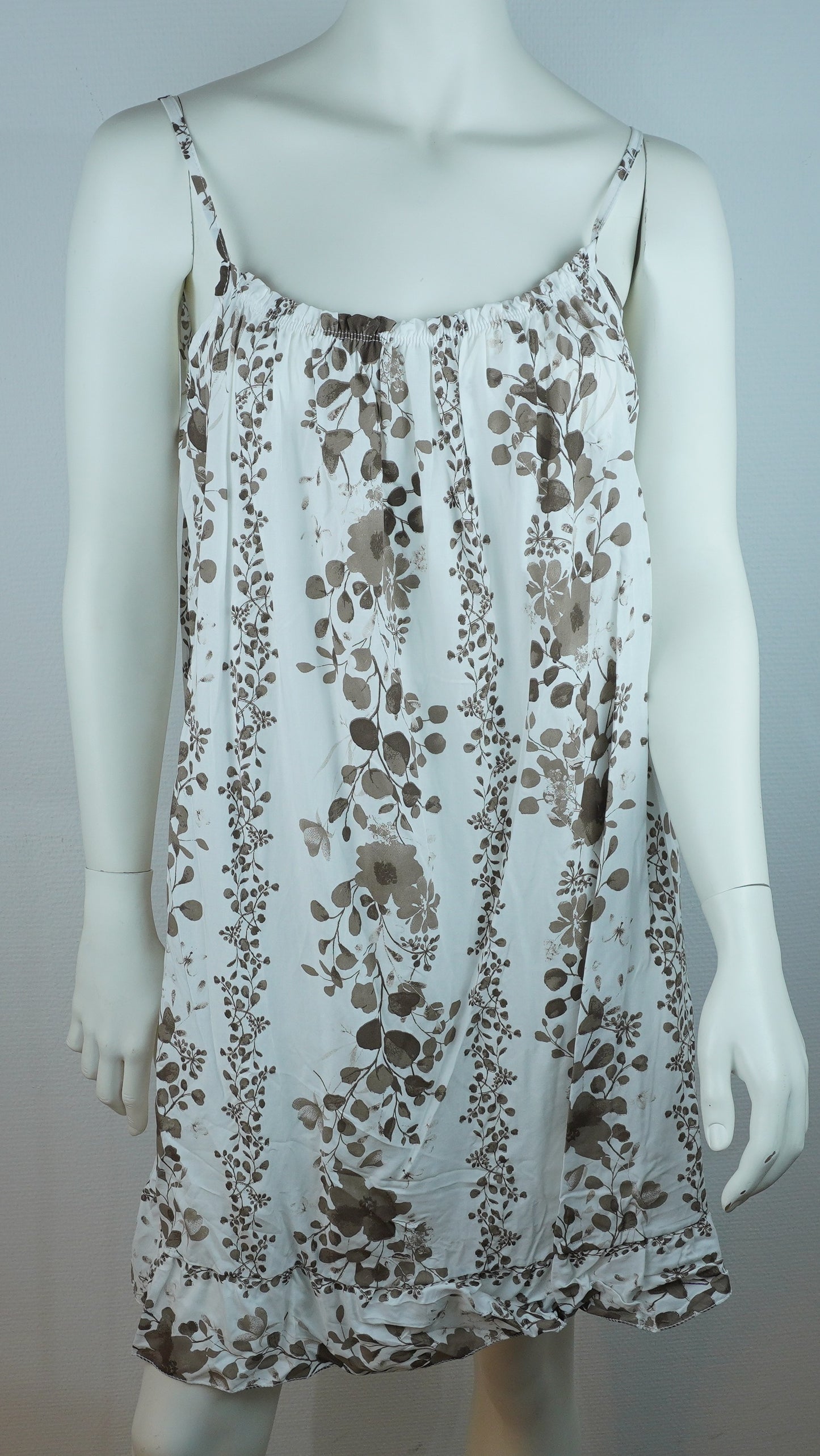 Sommerkleid – Blumenprint – Spaghettiträger – Weiß/Taupe
