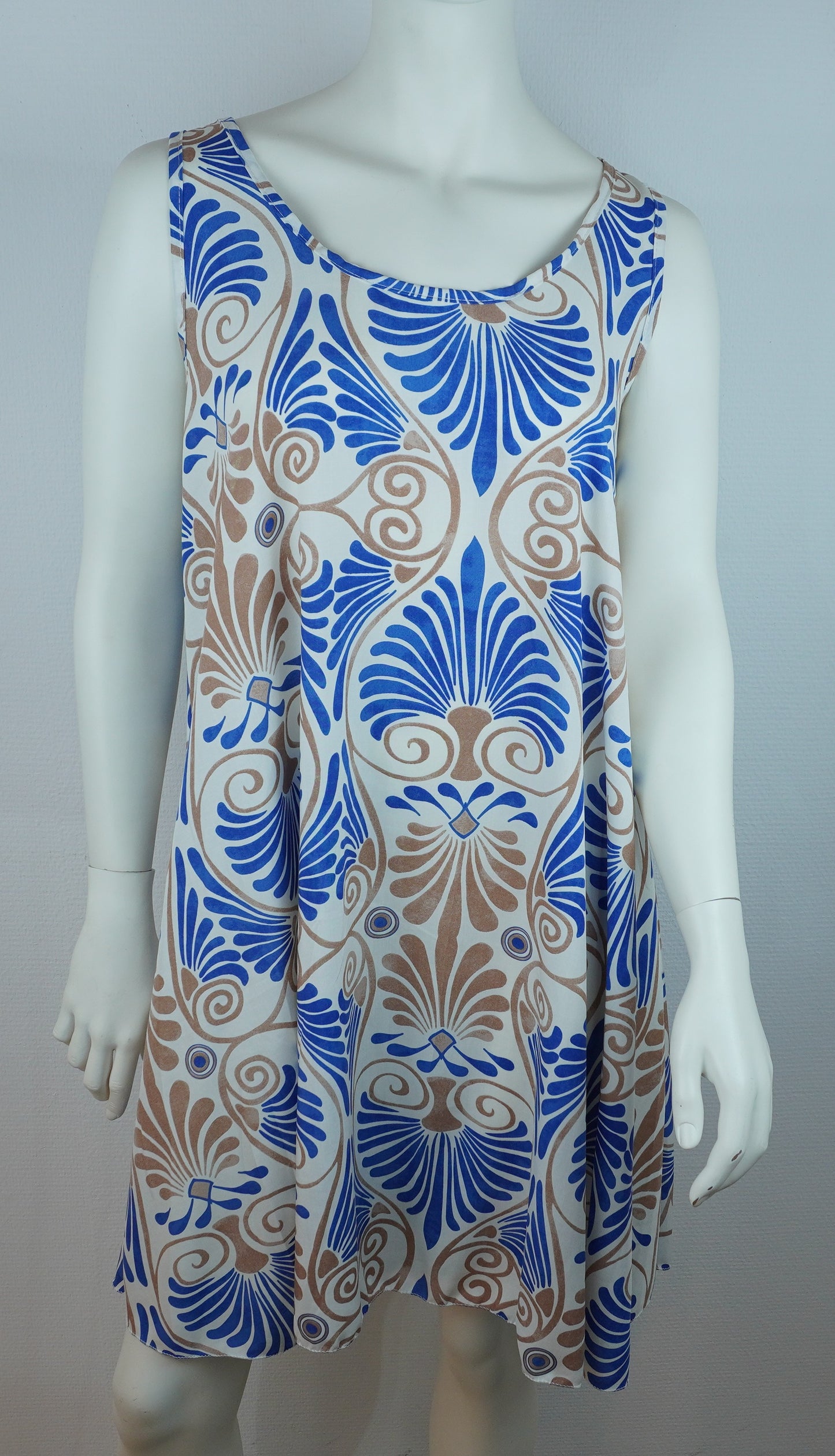 Sommerkleid – Art-Déco-Print Groß – Trägerkleid – Weiß/Blau