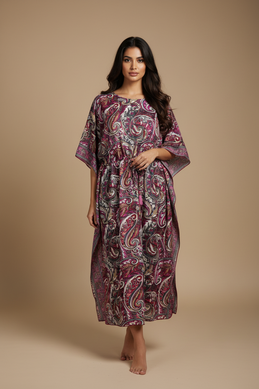 Boho Kaftan – Bordeaux & Magenta mit Paisley-Print – Fledermausärmel & Taillenzug