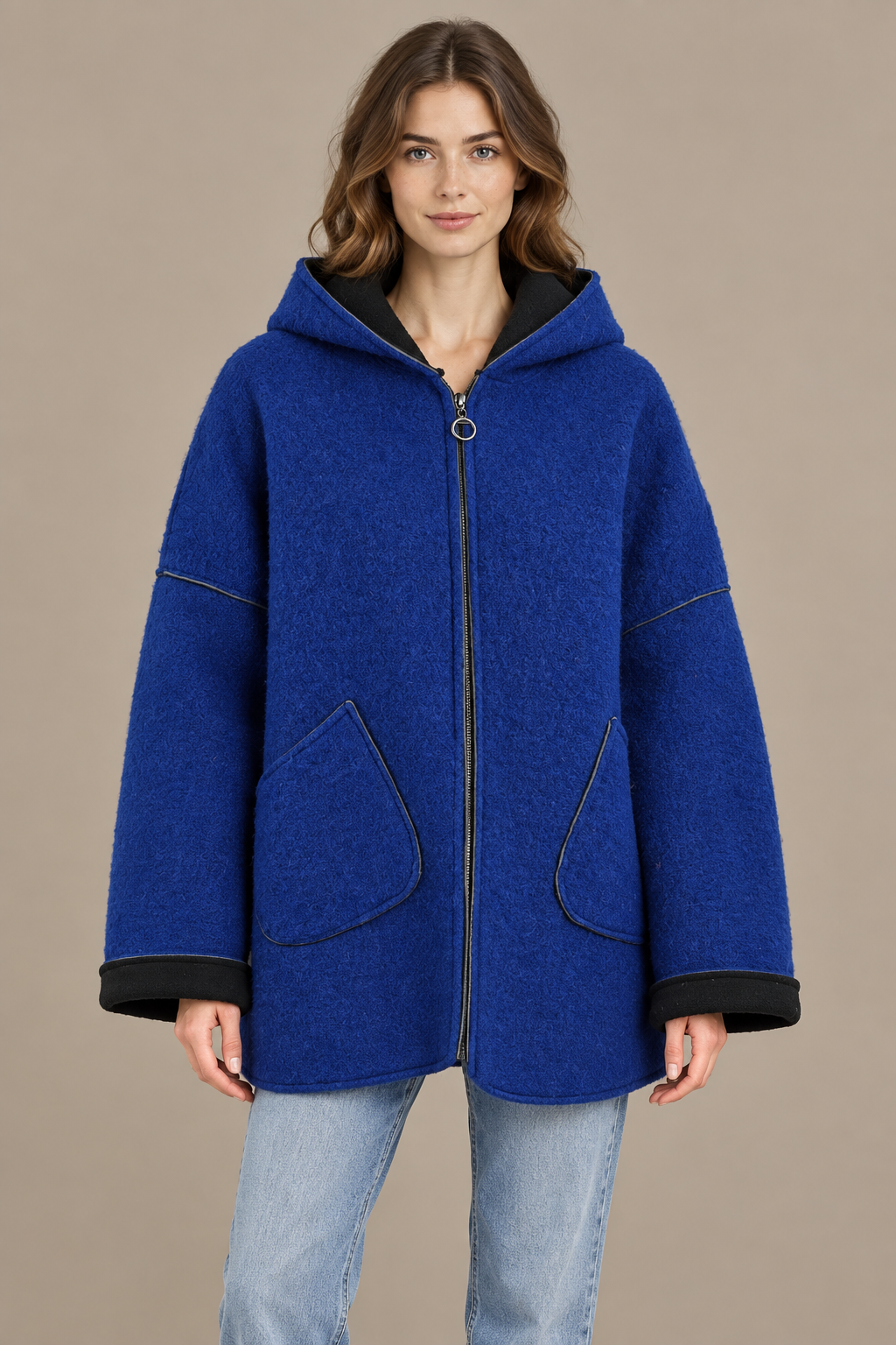 Oversize Kapuzenjacke aus Wollfilz Damen – Royalblau
