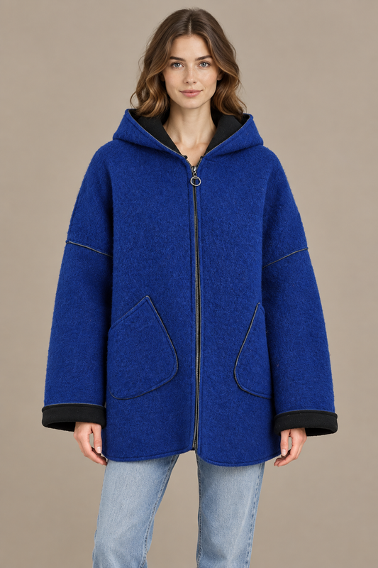 Oversize Kapuzenjacke aus Wollfilz Damen – Royalblau