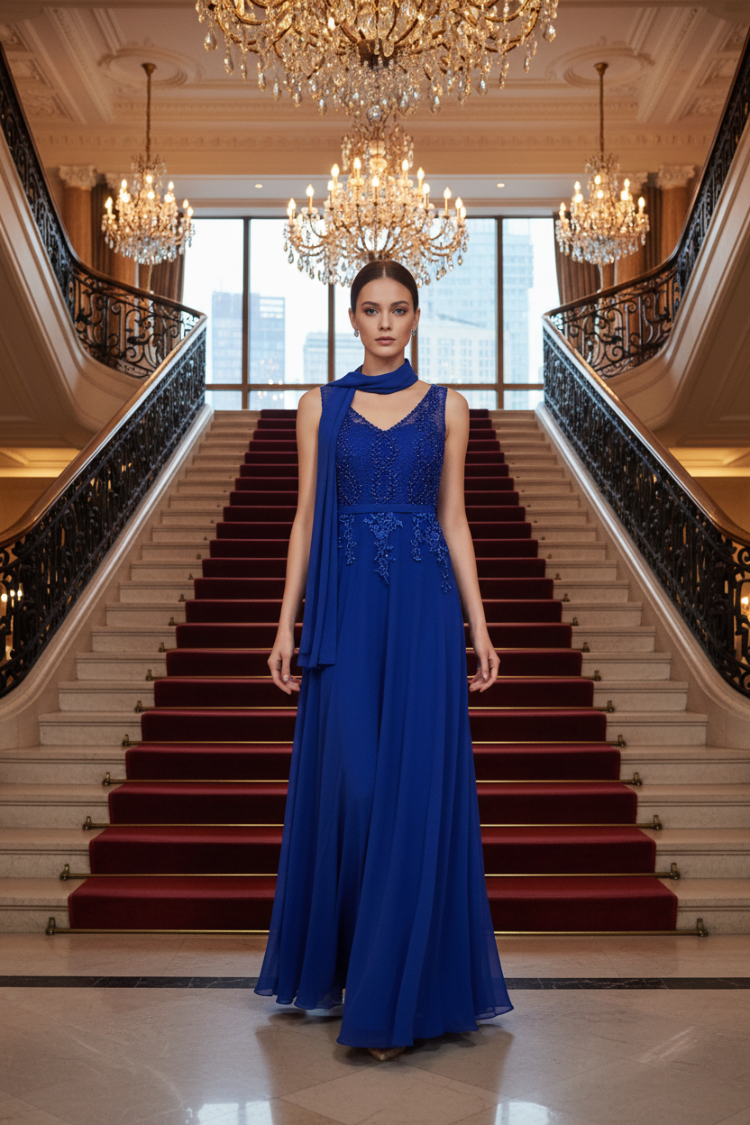 Elegantes Abendkleid Blau – Spitze & Perlen – Festkleid mit Schal
