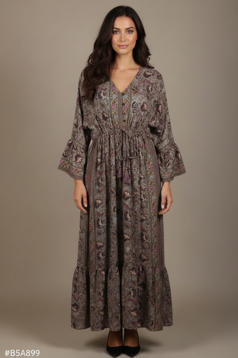 Boho Maxi Kleid – Großes Paisley in Grau/Lila – V-Ausschnitt & Taillenzug