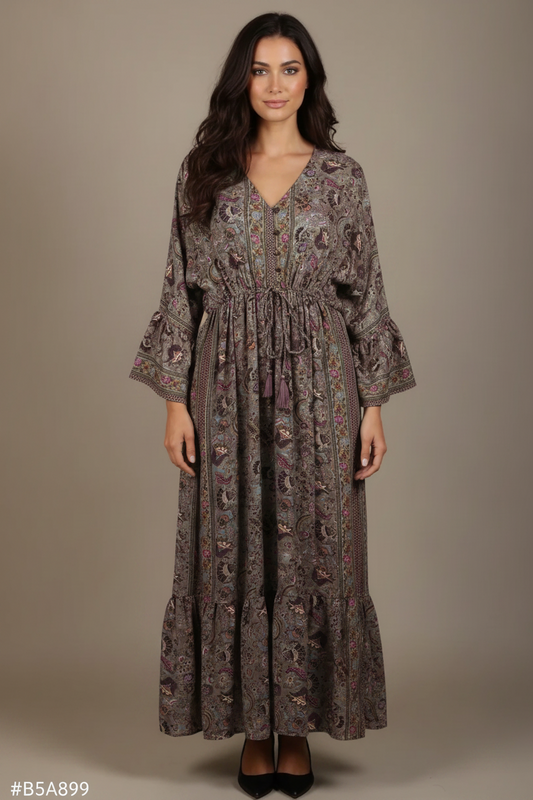 Boho Maxi Kleid – Großes Paisley in Grau/Lila – V-Ausschnitt & Taillenzug
