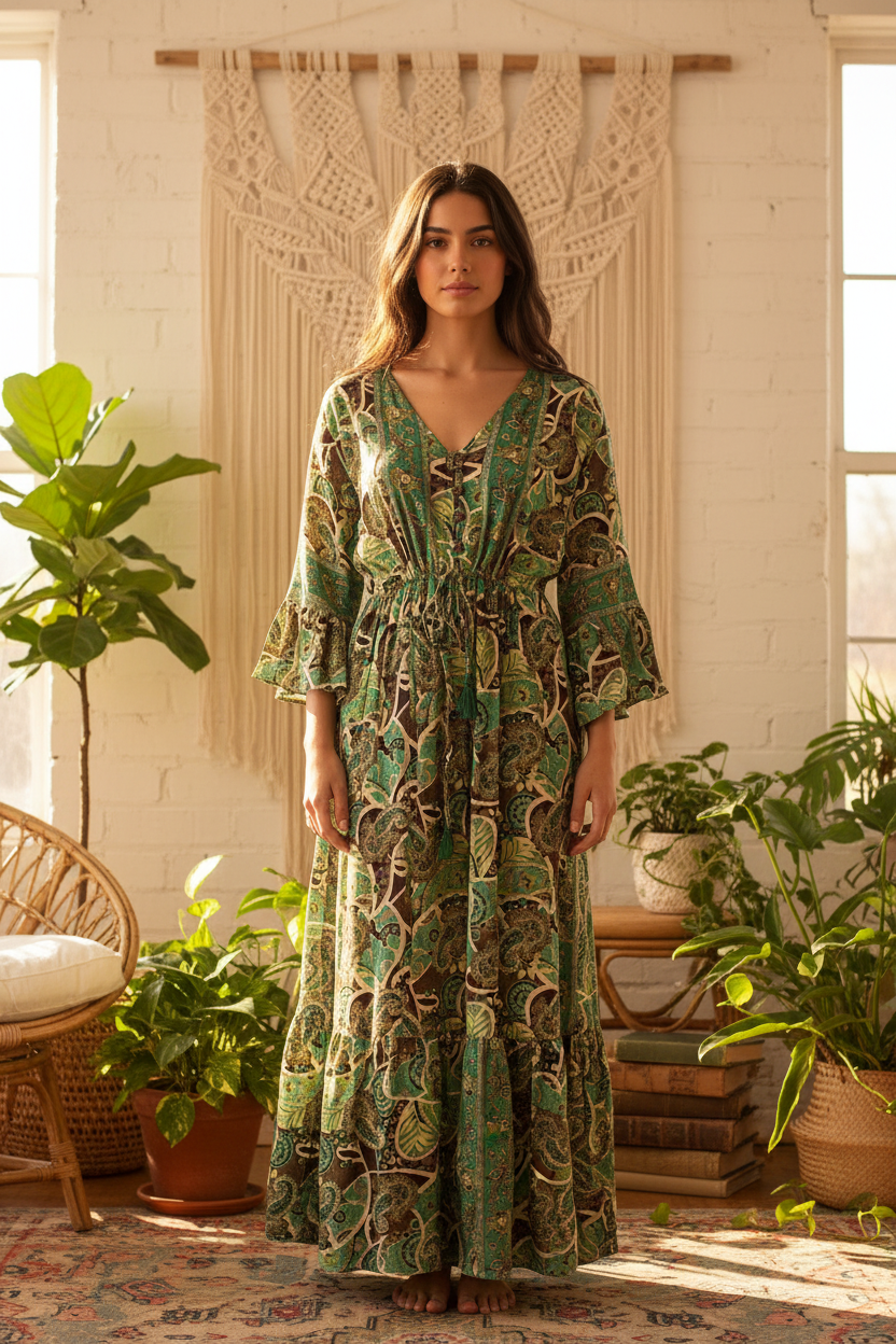 Boho Maxi Kleid Grün Türkis Paisley – Boho Stehend