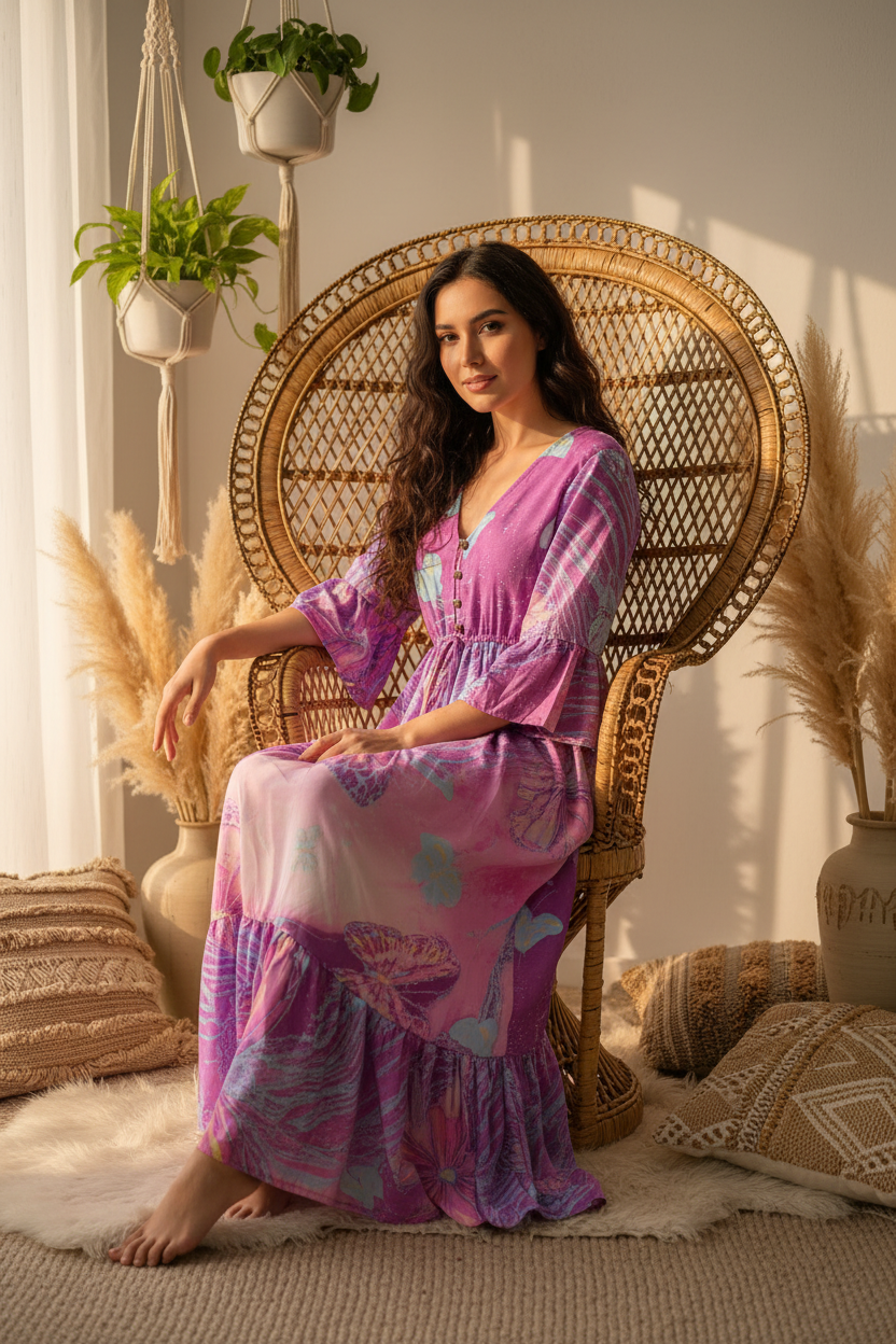 Boho Maxi Kleid Lila Pink Schmetterling – Sitzbild