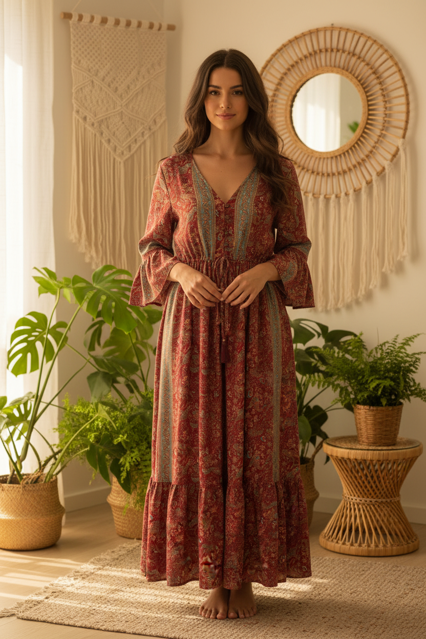 Boho Maxi Kleid Bordeaux Paisley – Boho Stehend