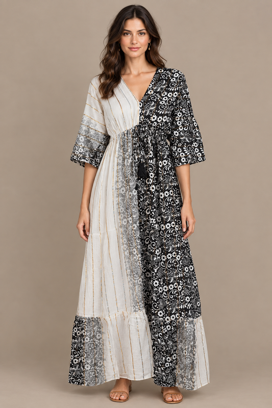 Boho Maxikleid Schwarz Weiß Patchwork – Studio Vorderansicht