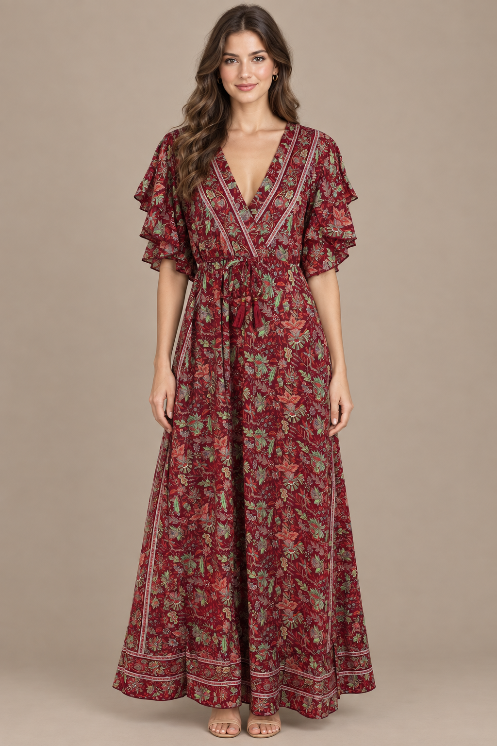 Boho Maxikleid Bordeauxrot Mintgrün – Studio Vorderansicht