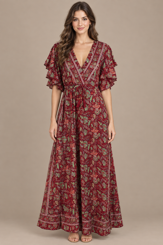 Boho Maxikleid Bordeauxrot Mintgrün – Studio Vorderansicht