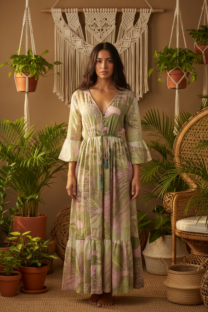 Boho Maxi Kleid Olive Pink Schmetterling – Boho Stehend