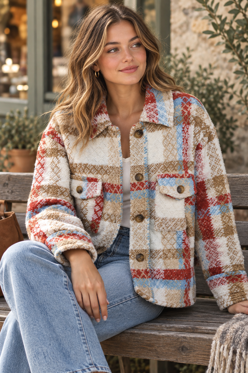 Karierte Oversize Jacke Shacket – Sitzbild Lifestyle