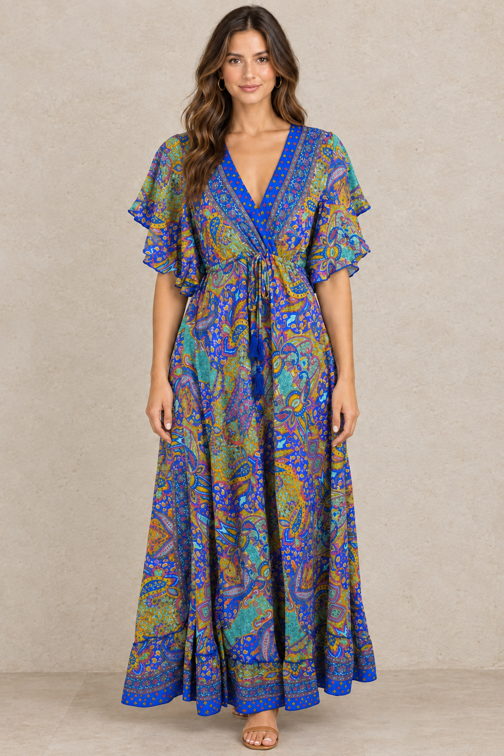 Boho Maxikleid Kobaltblau Türkis vor Steinwand