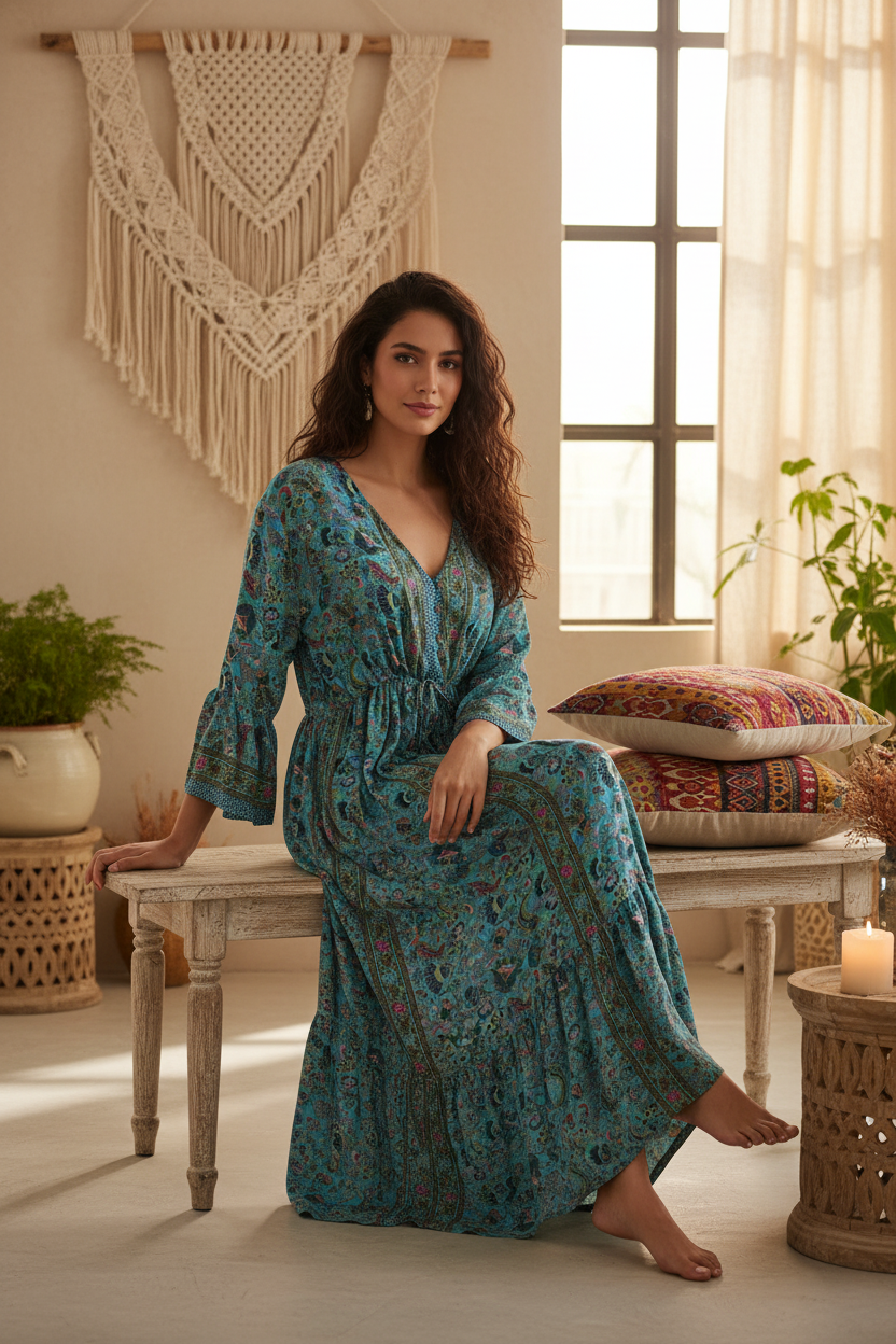 Boho Maxi Kleid Türkis Paisley – Sitzbild