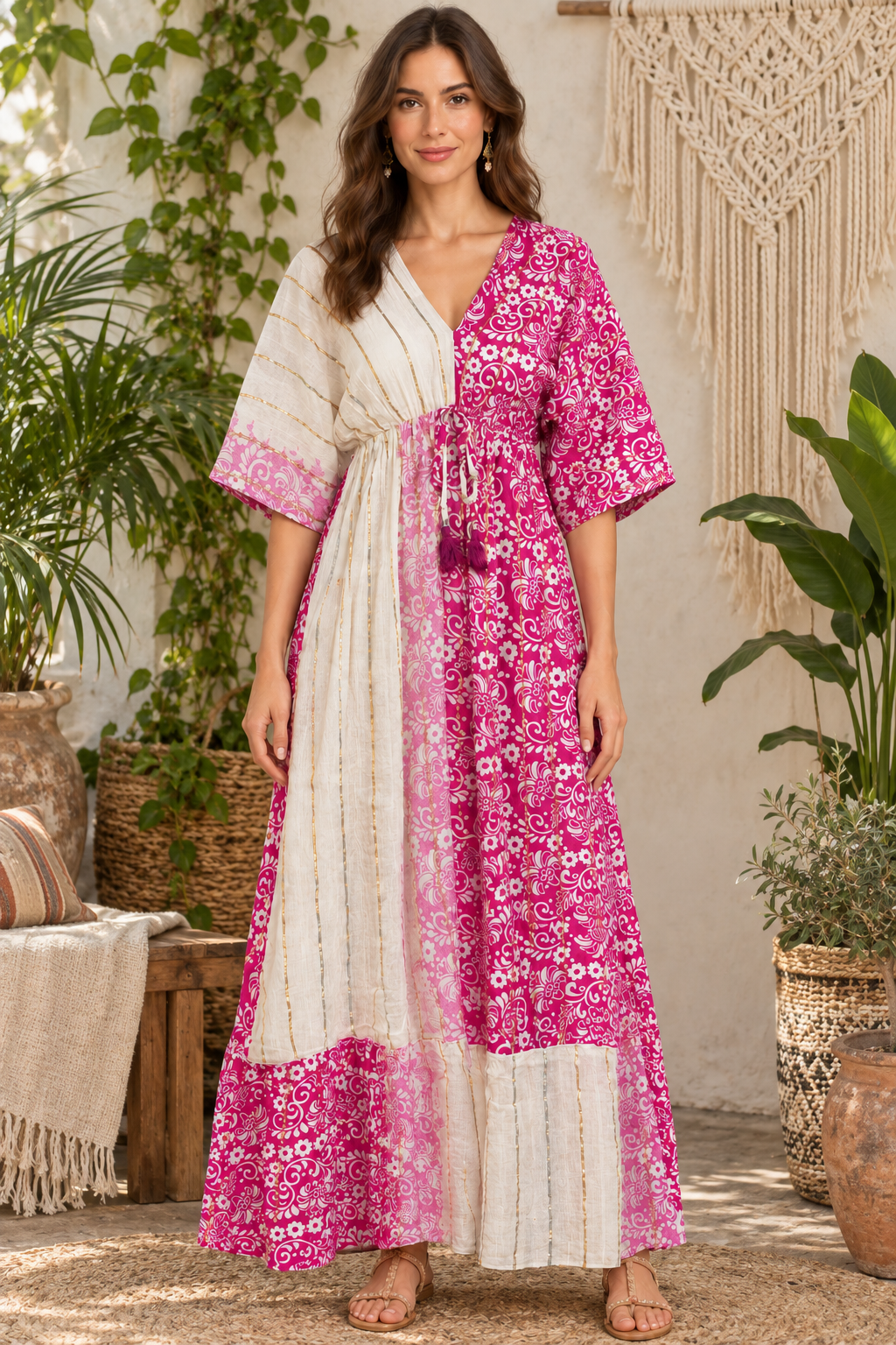 Boho Maxikleid Fuchsia Rosa Creme im Boho-Ambiente