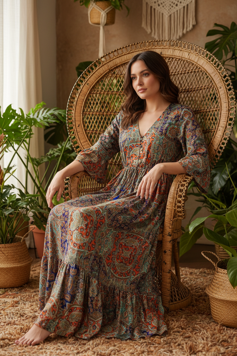 Boho Maxi Kleid Multicolor Patchwork Paisley – Sitzbild Boho