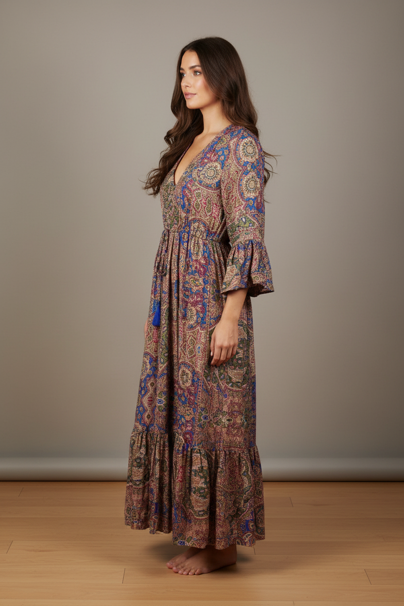 Boho Maxi Kleid Bordeaux Blau Patchwork – Studio Seitenansicht